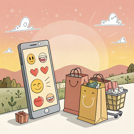 Digital shopping depiction Phone with emojis, gift, bags, cart. Sunset backgroundの素材