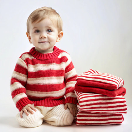 Baby poses sweetly near a neat stack of striped sweatersの素材