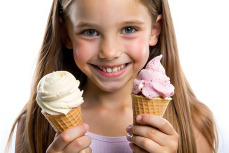 Child smiling, holding ice cream cones with pink and white flavors, against a white backdropの素材