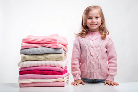 Smiling girl poses next to colorful, neatly stacked sweaters on white backgroundの素材