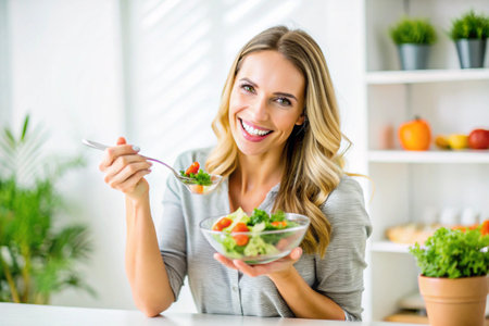 Woman enjoys fresh salad in bright, modern kitchen, smiling with joyの素材