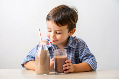 Boy drinks chocolate milk with straw from bottle and glass at tableの素材