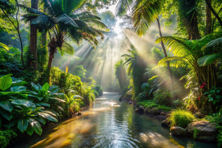 Sunbeams through tropical jungle, reflecting on river. Lush plants surround peaceful waterwayの素材