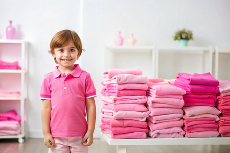 Smiling boy stands near pink folded clothes, with shelves in the backgroundの素材
