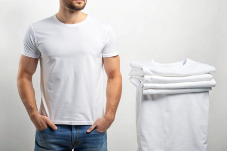 Man wearing a white tee with stacked shirts. Simple fashion apparel sceneの素材