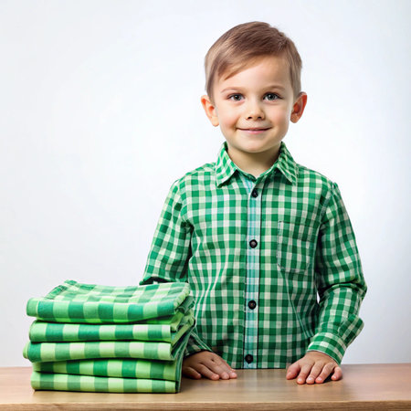 Child in a green checkered shirt stands near a stack of folded green checkered fabrics, smilingの素材