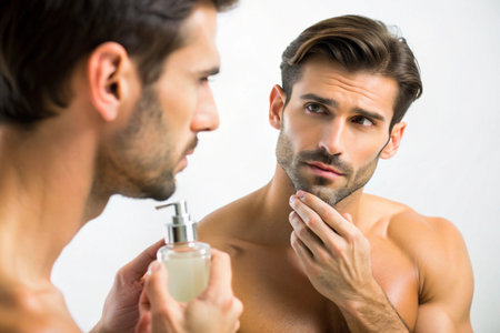 Man inspecting his face in mirror, holding lotion. Morning routine and careの素材