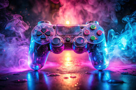 Illuminated controller with vibrant neon colors and smoky ambianceの素材