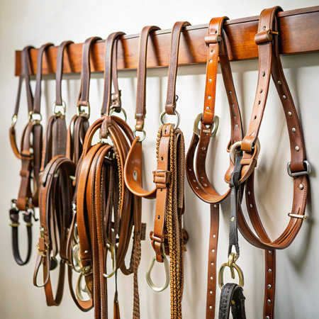 Horse tack hangs uniformly on a wooden rack against a plain backgroundの素材