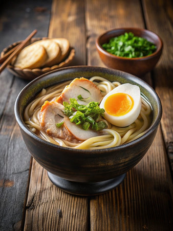 Bowl of flavorful chicken ramen with eggの素材
