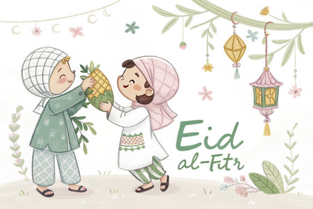 Two children sharing a pineapple, celebrating Eid al-Fitrの素材