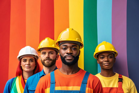 Diverse construction workers standing in front of a vibrant rainbow backdropの素材