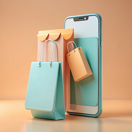 Stylized phone and shopping bags with pastel colors, suggesting online purchase and deliveryの素材