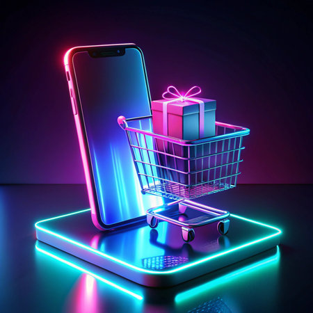 Neon smartphone with shopping cart containing a gift, on a platformの素材