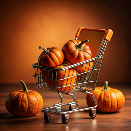 Mini pumpkins in a miniature shopping cart. Warm backgroundの素材