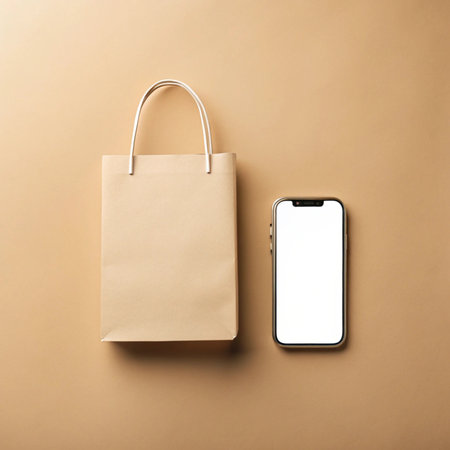 Neutral background. Bag and phone mockup. Simplicity with beige toneの素材