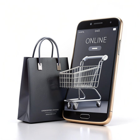 Online shopping Phone displays a shopping cart image, next to a black shopping bagの素材