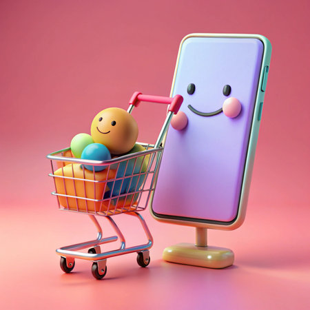 Cartoon phone shops with a cart full of smiley faces on pink backgroundの素材