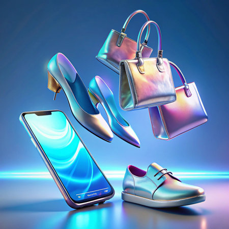 Floating holographic tech, purses, and shoes glow on a blue backgroundの素材