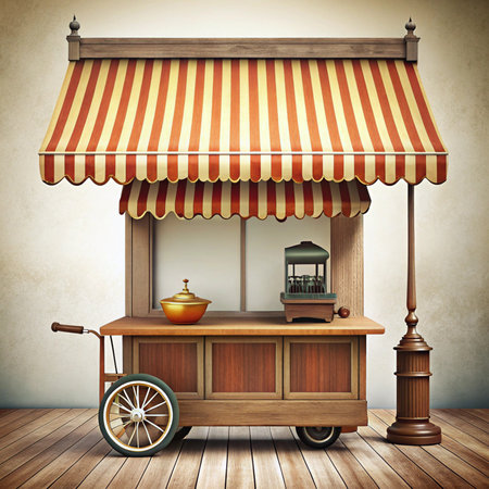 A food cart with striped awning, brown wood, and vintage design stands indoorsの素材