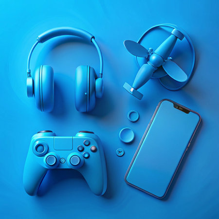 Blue monochrome tech headphones, joystick, plane, phone, buttonsの素材