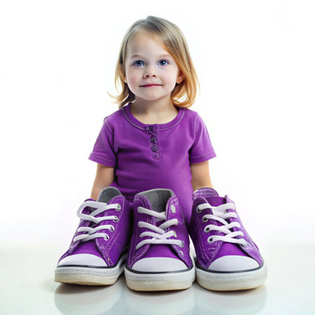 Child posing with oversized shoes, smiling, wearing a purple shirt on whiteの素材