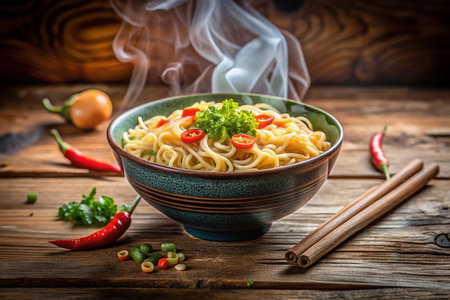 Aromatic noodles steaming hot in a bowlの素材
