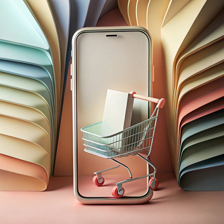 Phone displays mini shopping cart with a package, surrounded by pastel color swatchesの素材