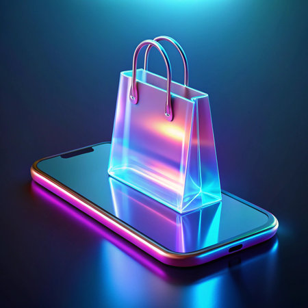 Glowing shopping bag on phone. Modern, digital commerce concept with vibrant, colorful light displayの素材