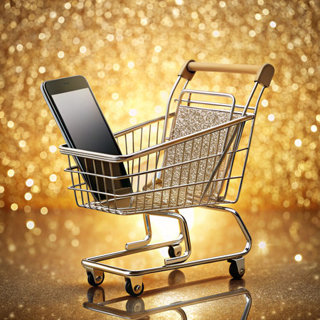 Shopping cart filled with a cellphone against a glittery golden backgroundの素材