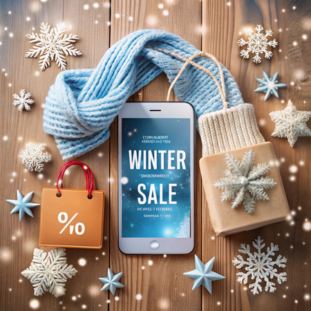 Winter sale ad with phone display, snowflakes, scarf, and shopping bags on wood backgroundの素材