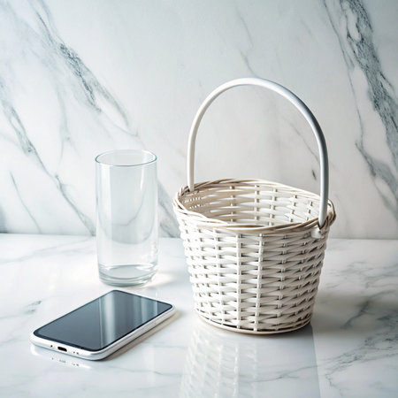 Still life basket, glass, &amp; device on marble surface. Simple, minimal compositionの素材