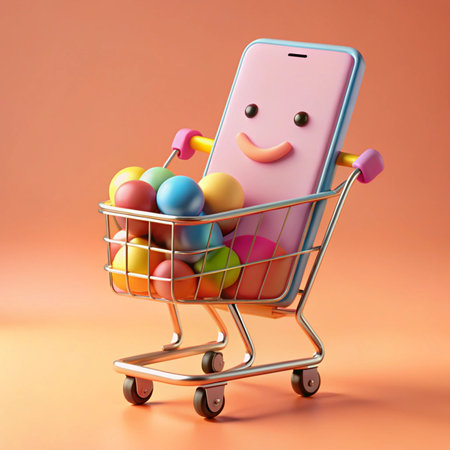 Happy phone in shopping cart filled with colorful spheres on peach backgroundの素材