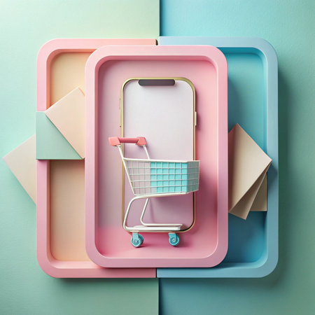 Phone inside a shopping cart, pastel colors, with tray background. Calm, minimalist aesthetic presentationの素材