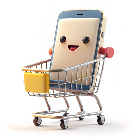 Smiling phone in a miniature shopping cart on a white backgroundの素材