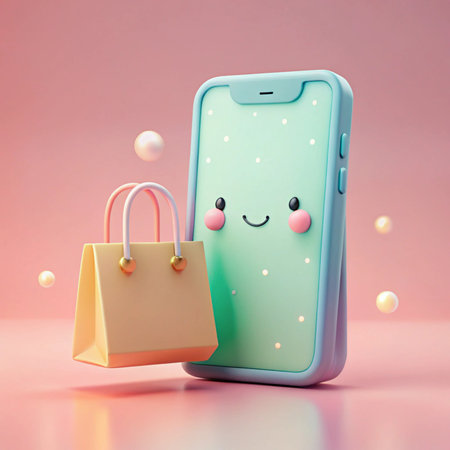 Cute phone with shopping bag, pastel background, and cartoon styleの素材