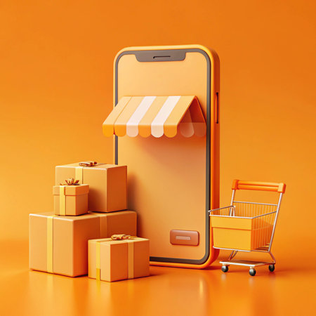 Orange mobile e-commerce display with packages and shopping cartの素材