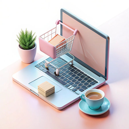 Isometric laptop, shopping cart, coffee, and plant create an online shopping workspace setupの素材