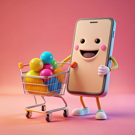 Smiling phone character with shopping cart full of colorful balls on pink backgroundの素材