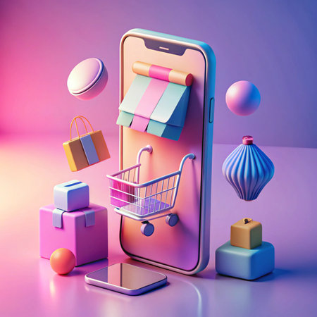 Colorful shopping cart and items emerging from a phone, on a gradient backgroundの素材