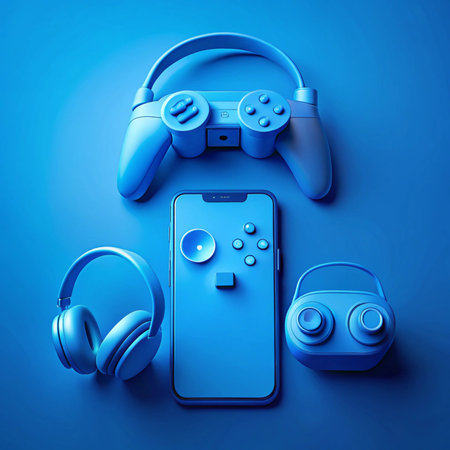Blue set console, phone, headphones, controller, on surfaceの素材