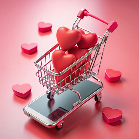 Shopping cart filled with red hearts on a phone, against a pink backgroundの素材