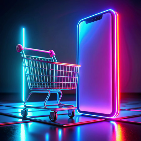 Glowing mobile phone and shopping cart on grid. Neon lit sceneの素材