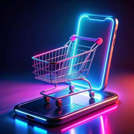 Online shopping cart on a phone screen, glowing neon lightsの素材