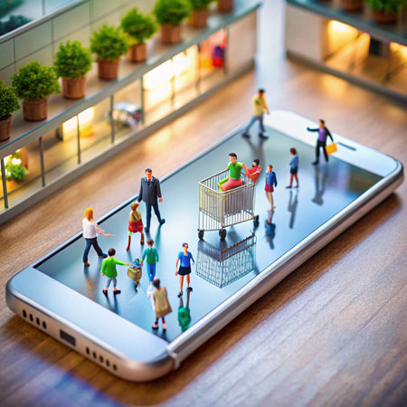 People on a phone screen with a shopping cart, storefronts in background. Miniaturizationの素材