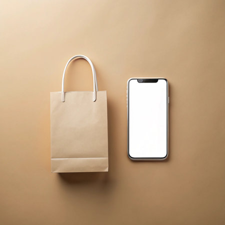 Bag and phone mockup. Plain brown bag and a blank white-screen phone on a neutral beige backgroundの素材