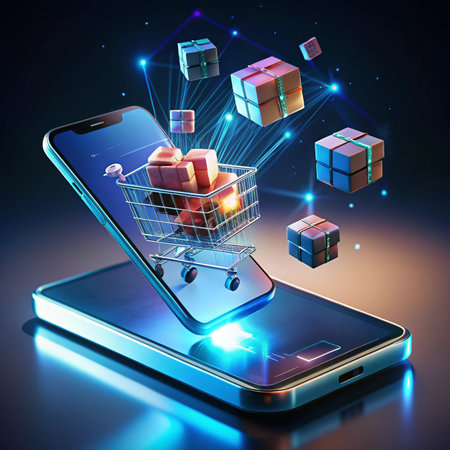 Phone shows shopping cart with boxes floatingの素材