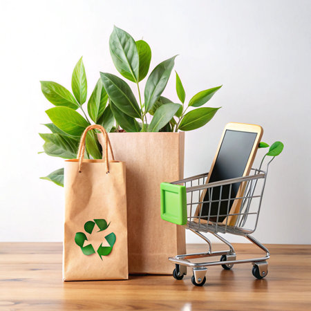 Eco-friendly shopping plant-filled bag, phone in mini-cart on woodの素材