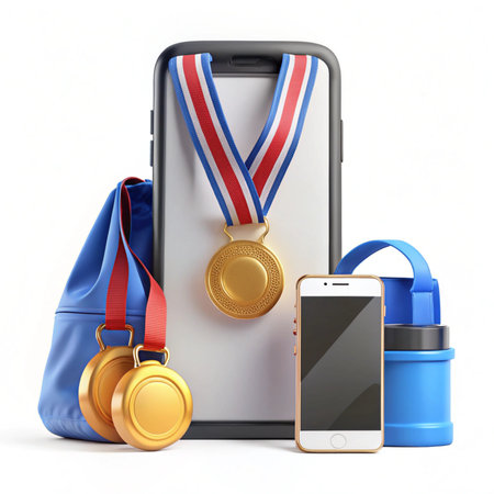 Medals, gym bag, bottle and phones. Fitness concept for mobile app. Still life in studioの素材