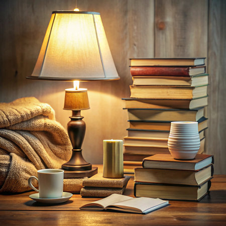 Cozy scene lamp, books, blanket, coffee. Reading time in a warm, rustic settingの素材